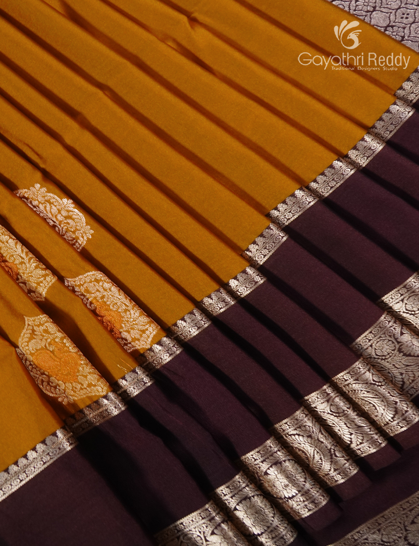 Soft Silk Saree in Deep turmeric and Deep Brown