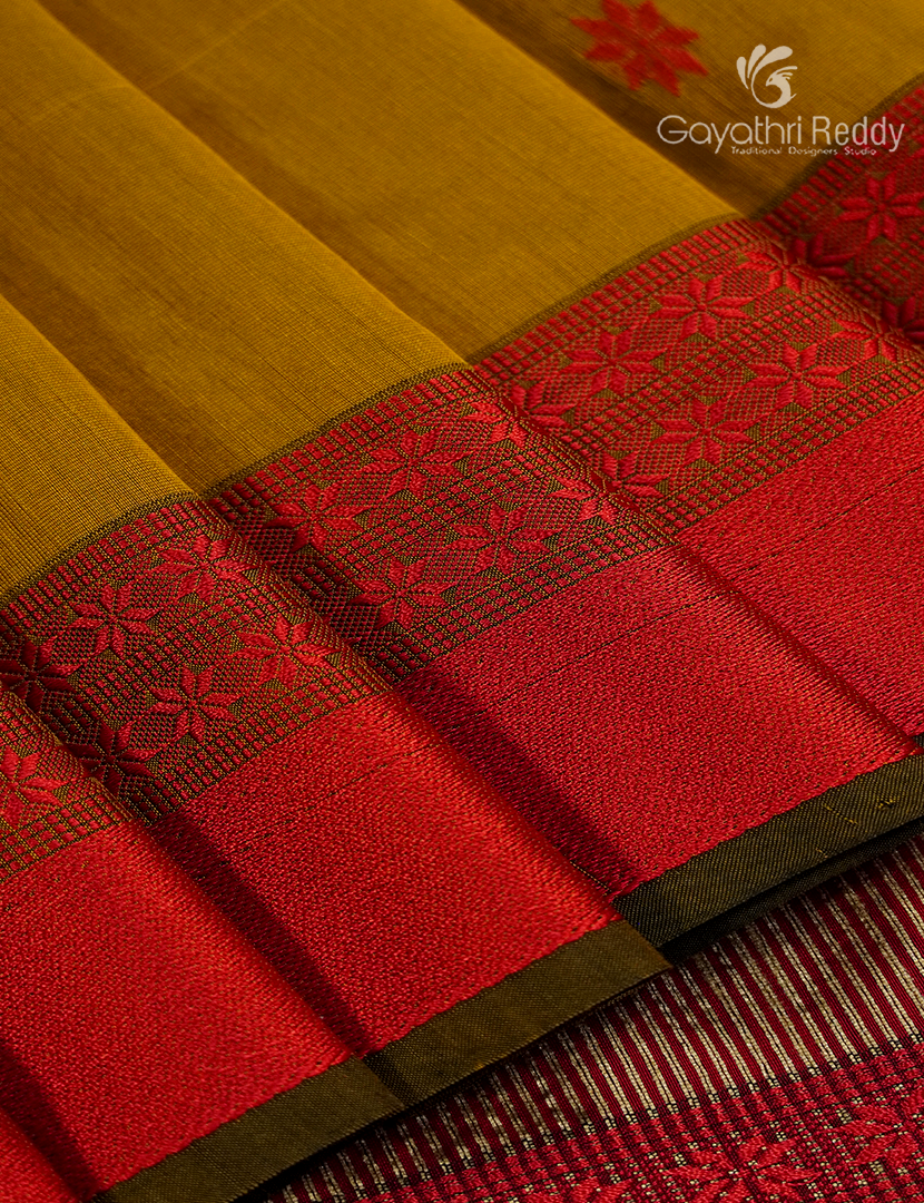 Pure Chanderi Sico Saree in Deep Mustard and Red