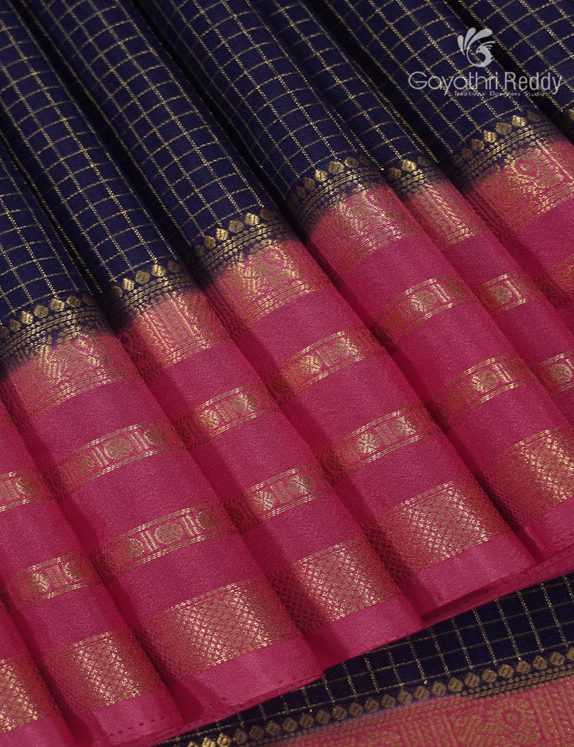 Semi Mysore Crepe Saree in Navy Blue and Rose Pink