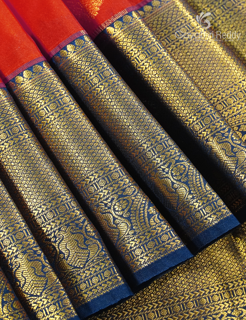 Semi Kanchipuram Silk Saree in Orange and Navy Blue