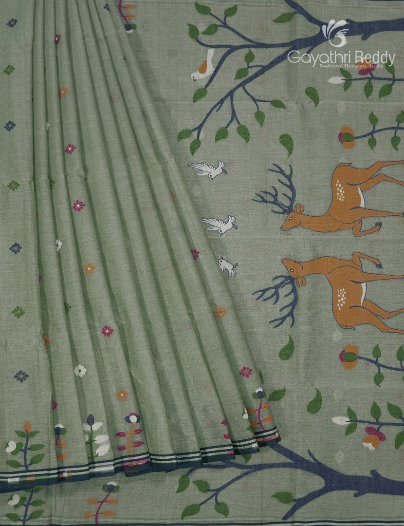 Jamdani Cotton Saree in Sage Green