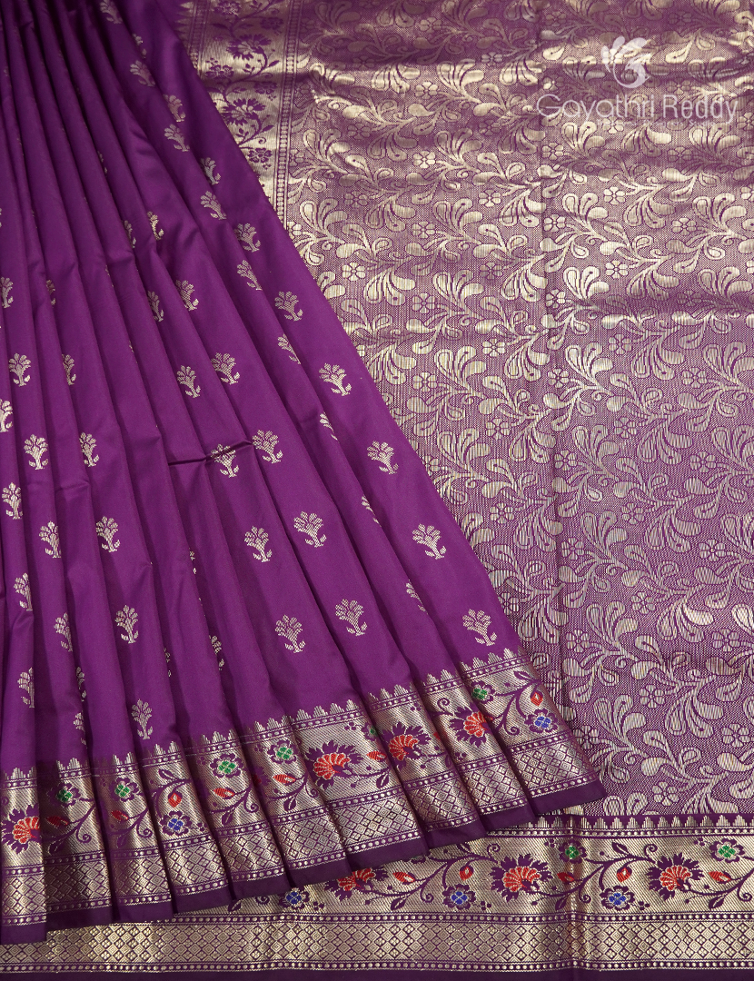Semi Banaras Katan Silk Saree in Deep Violet and Red