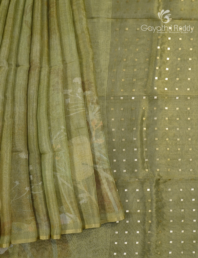Linen Silk Saree in Parrot Green