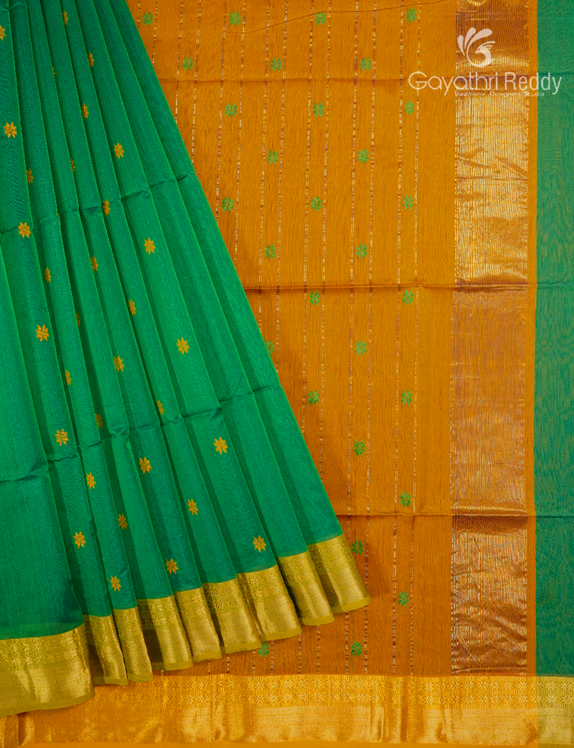 Pure Chanderi Sico Saree in Parrot Green and Mustard