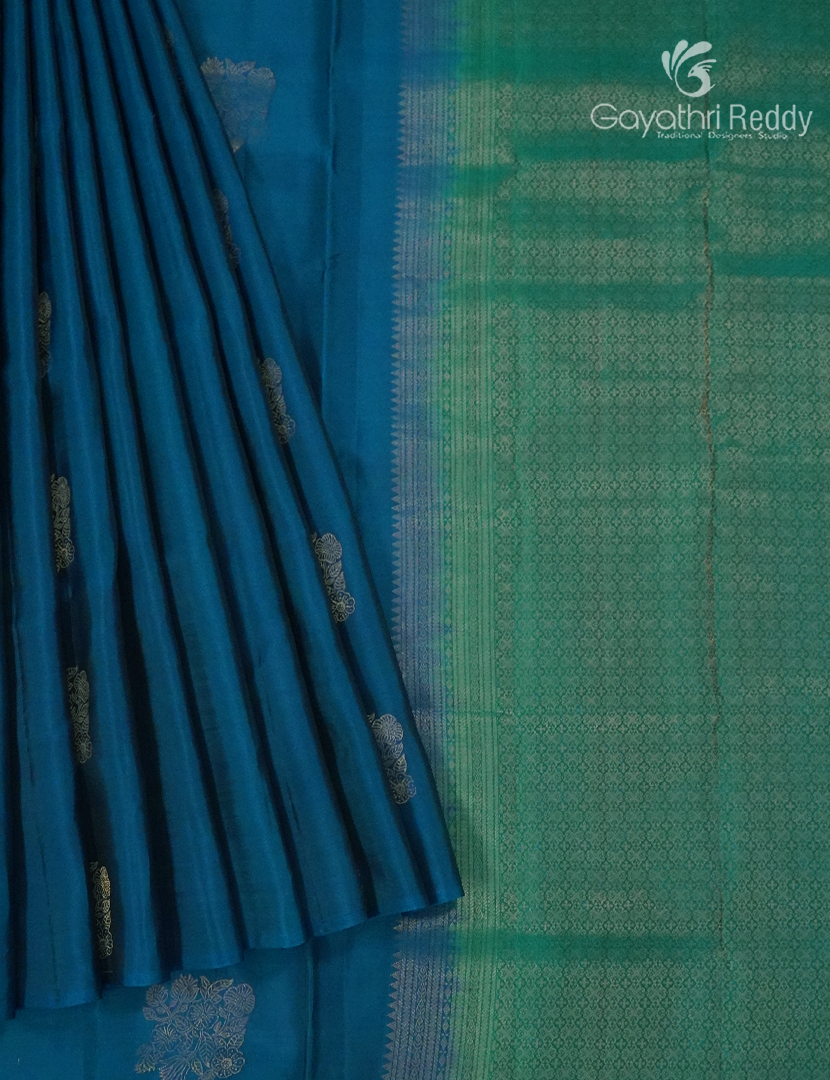 Pure Kanchipuram Silk Saree in Peacock Blue ( Butta Style )