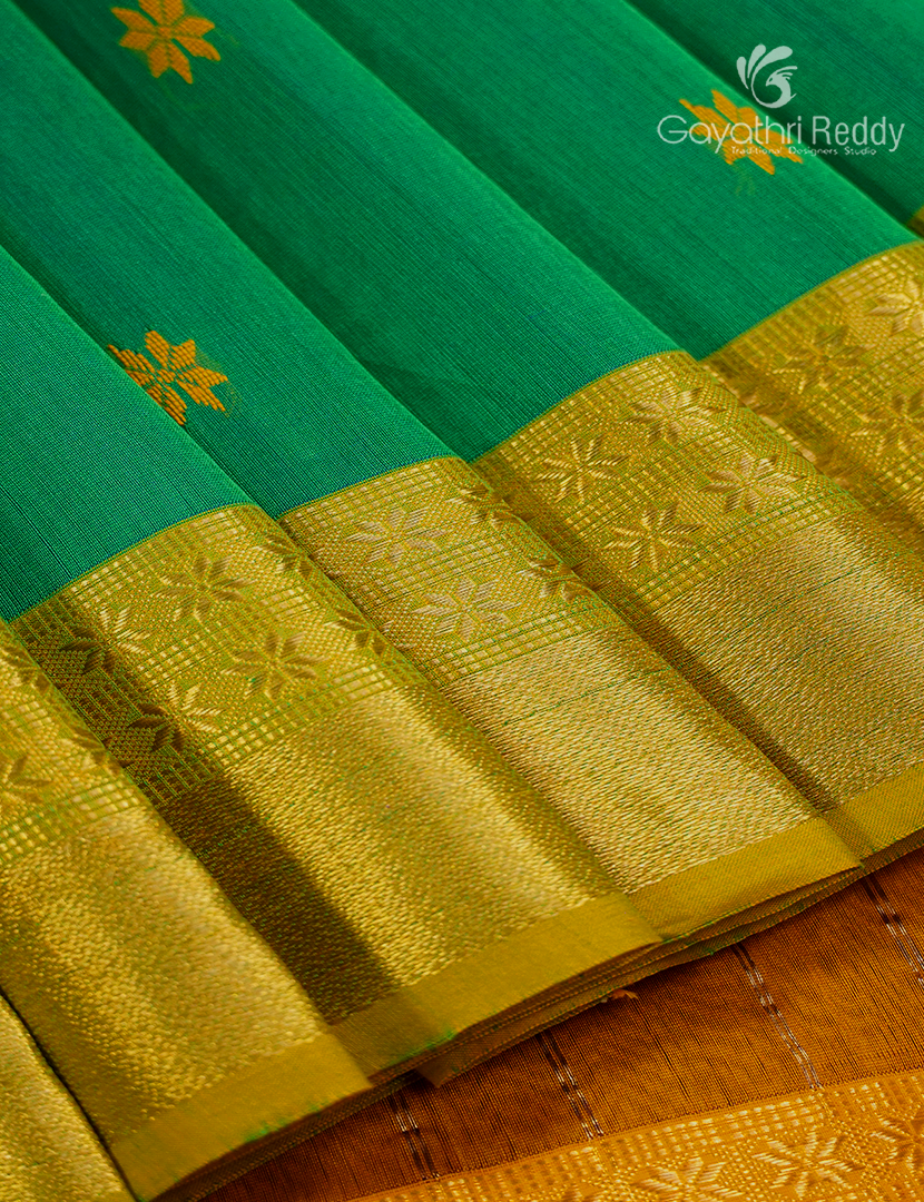 Pure Chanderi Sico Saree in Parrot Green and Mustard