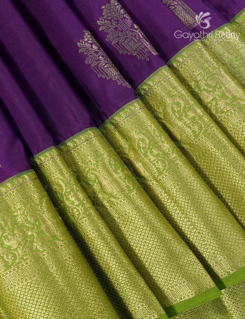Semi Kanchipuram Silk Saree in Purple and Parrot Green