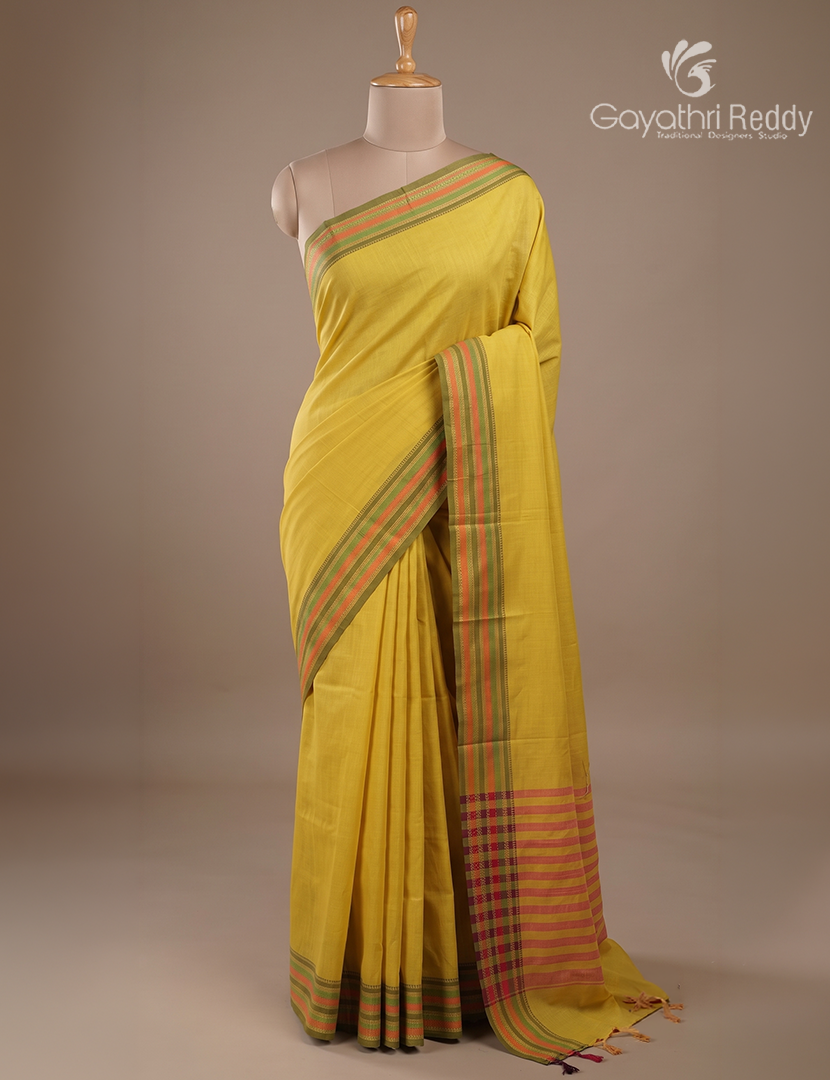 Pure Narayanpet Cotton Saree in Lime Yellow