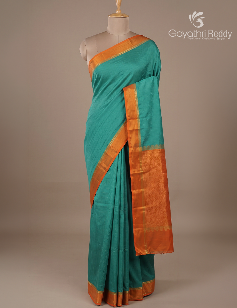 Pure Mysore Silk Saree in Sea Green and Rust Orange