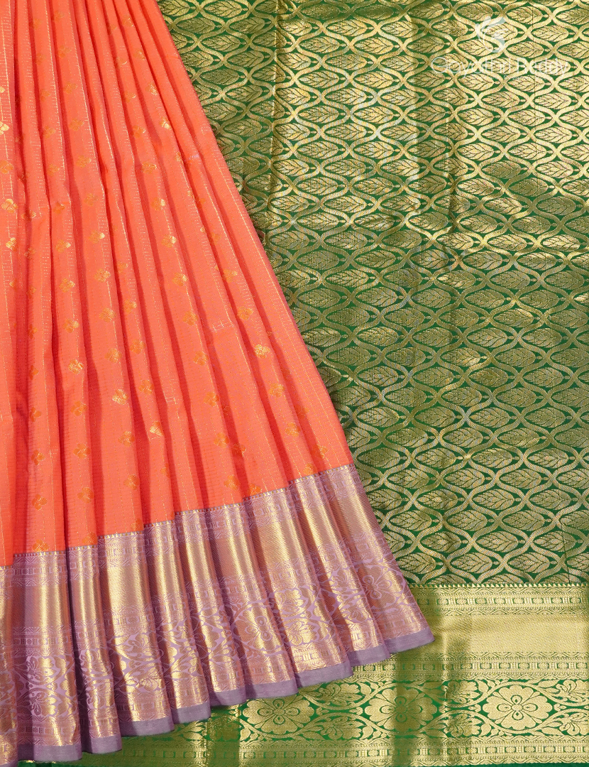 Semi Kanchipuram Silk Saree in Orange and Mehendi Green