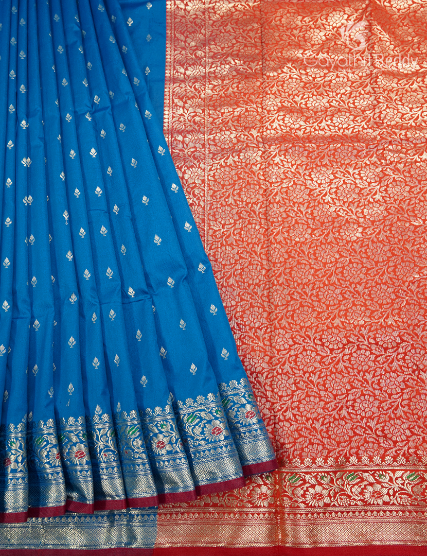 Semi Banaras Katan Silk Saree in Blue and Red