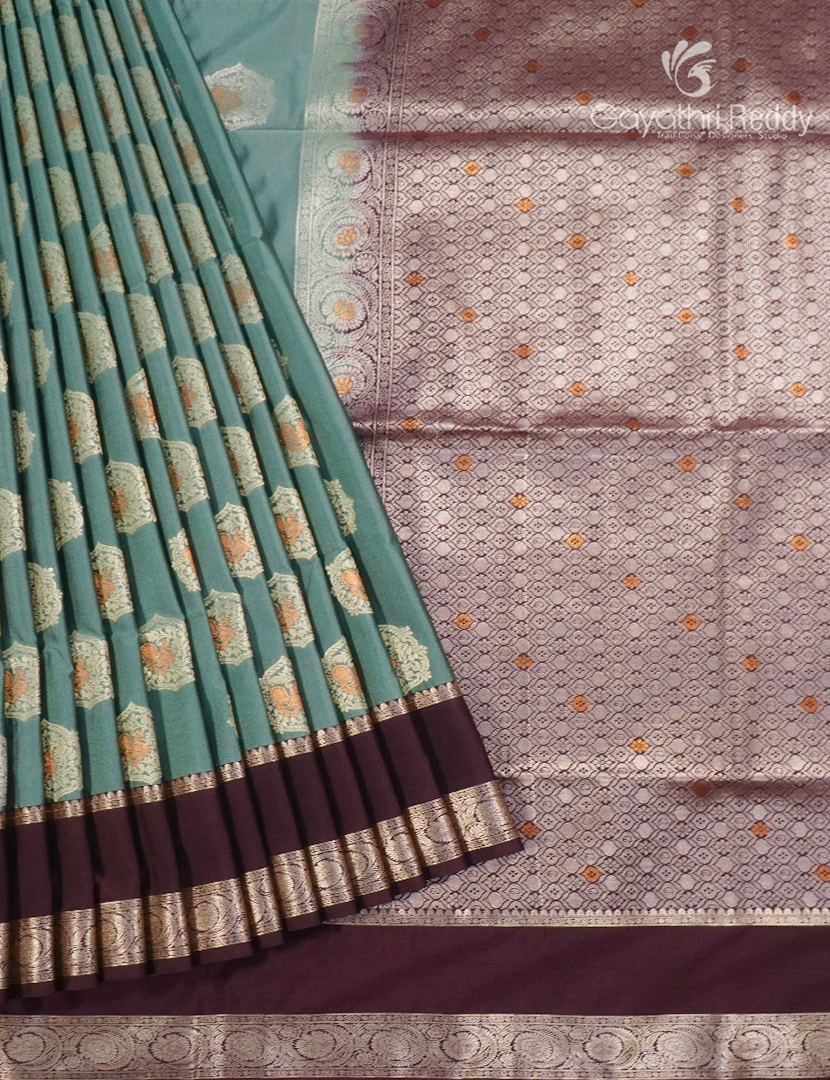 Soft Silk Saree in Mint Green and Brown