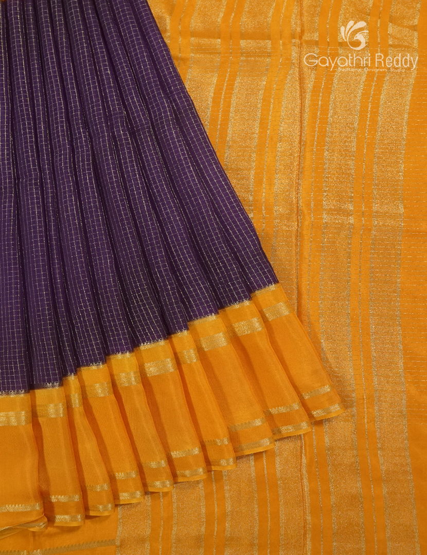 Semi Mysore Crepe Saree in Deep Violet and Yellow