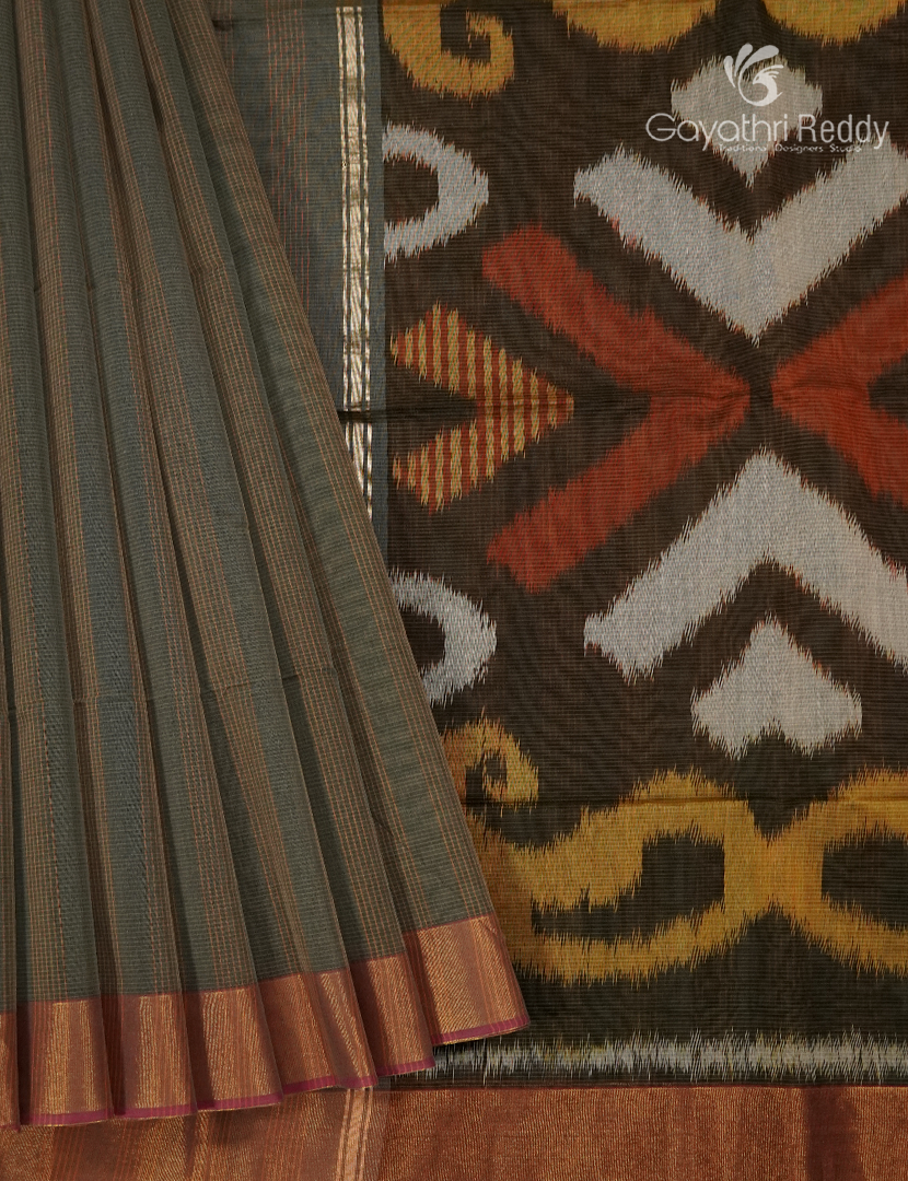 Semi Ikat Sico Saree in Deep Olive Green
