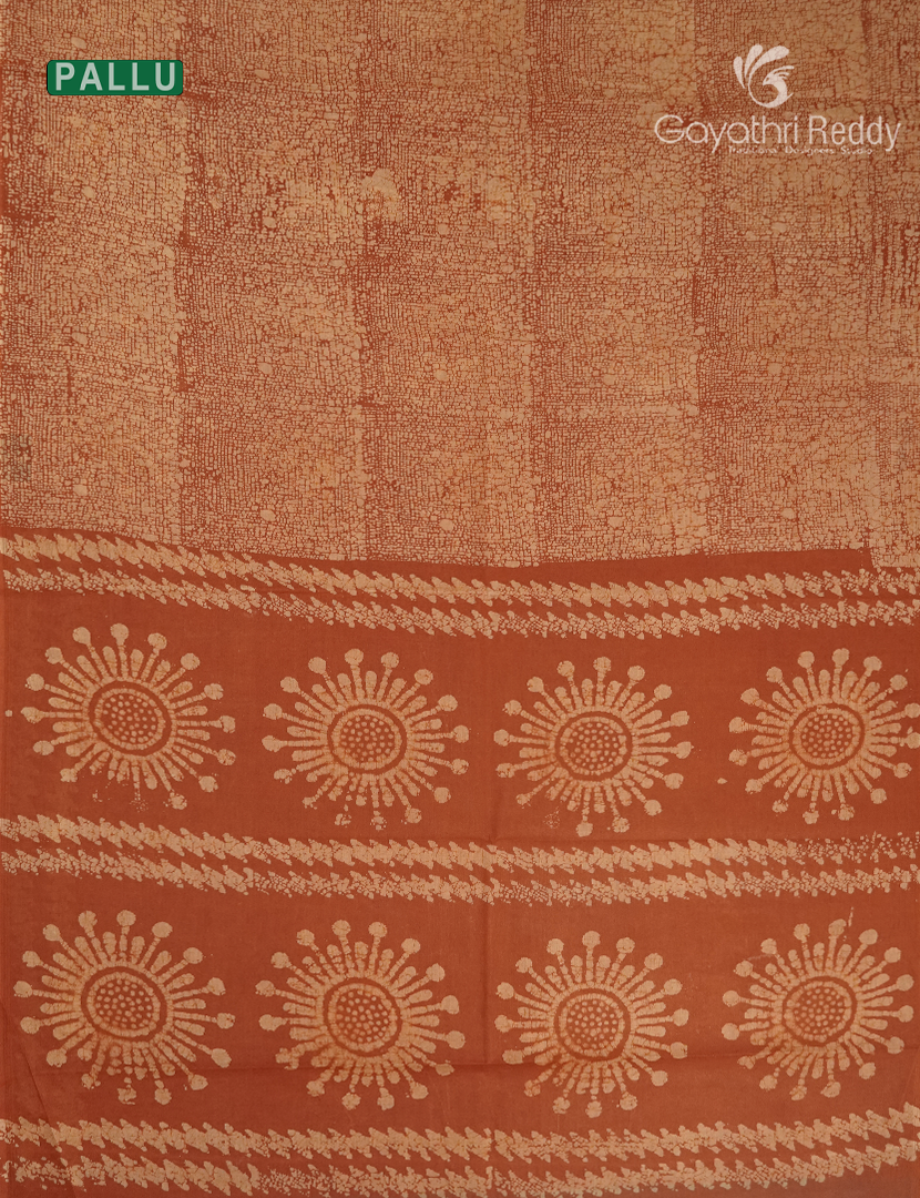 Cotton Batik Print Saree in Light Mustard and Rust