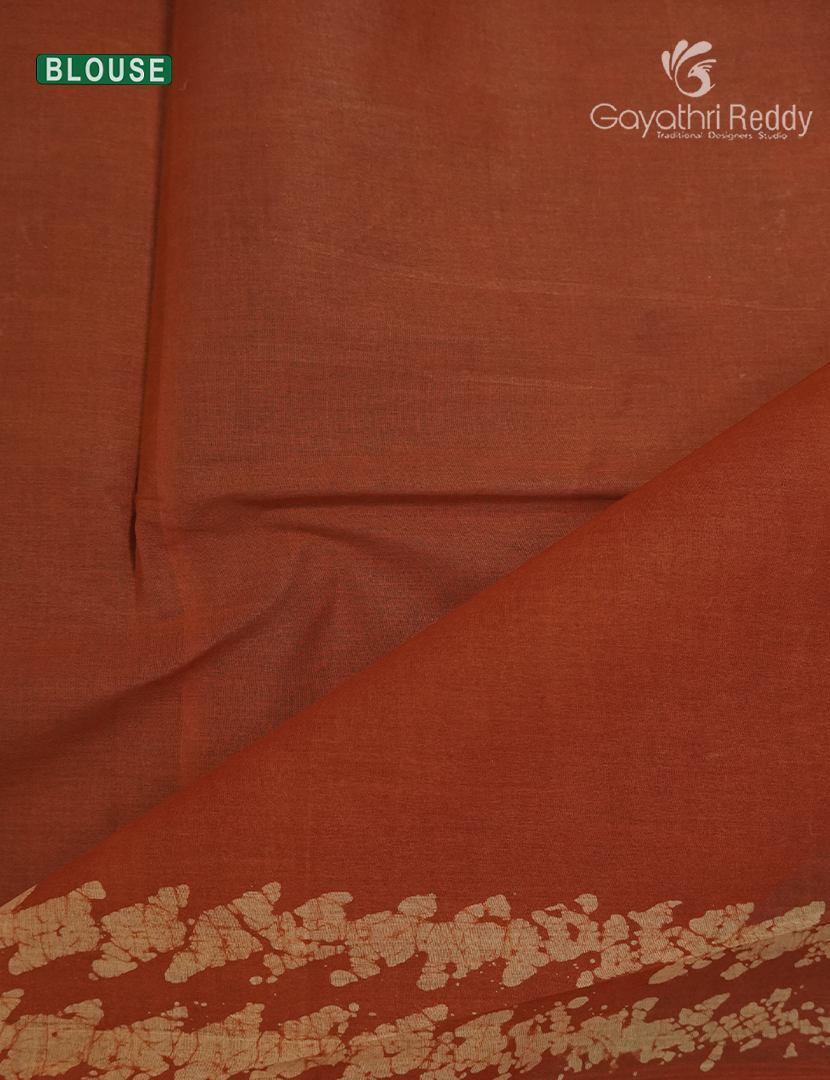 Cotton Batik Print Saree in Light Mustard and Rust