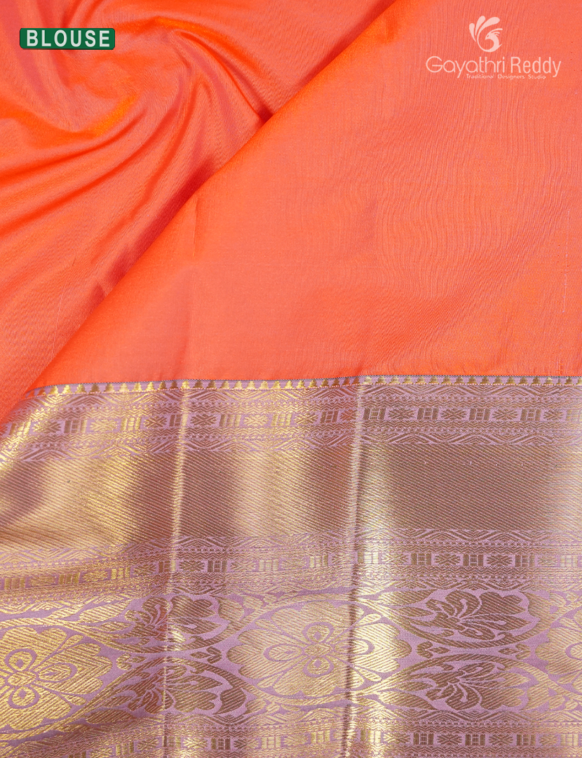 Semi Kanchipuram Silk Saree in Orange and Mehendi Green