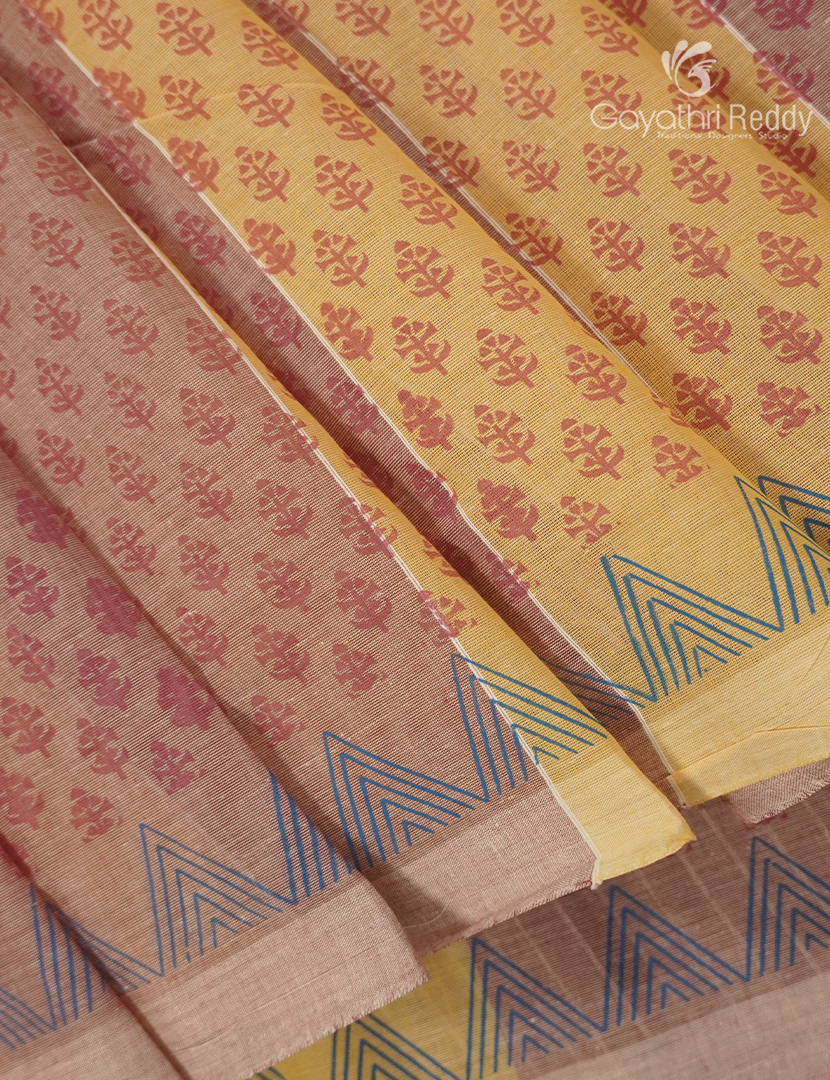 Pure Kanchi Cotton Printed Saree in Mustard and Peach