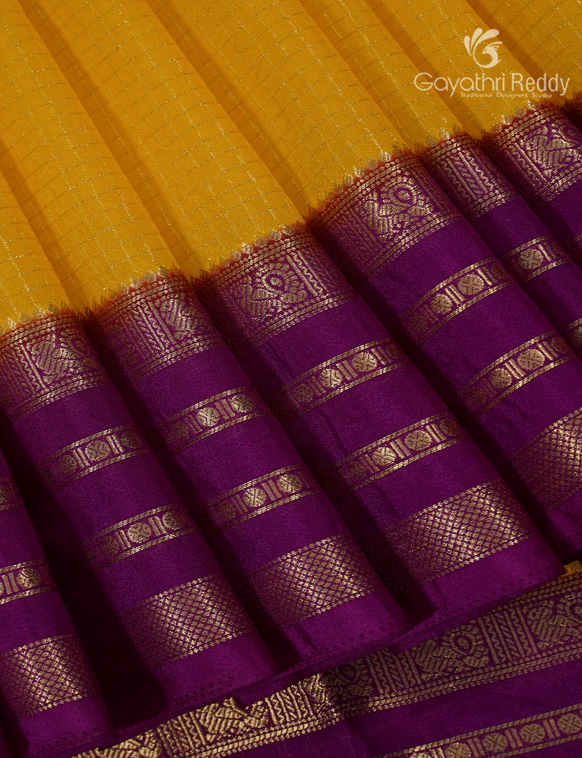 Semi Mysore Crepe Saree in Mango Yellow and Deep Jamun