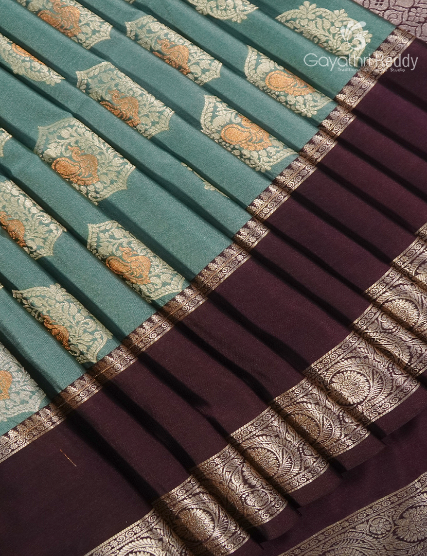 Soft Silk Saree in Mint Green and Brown