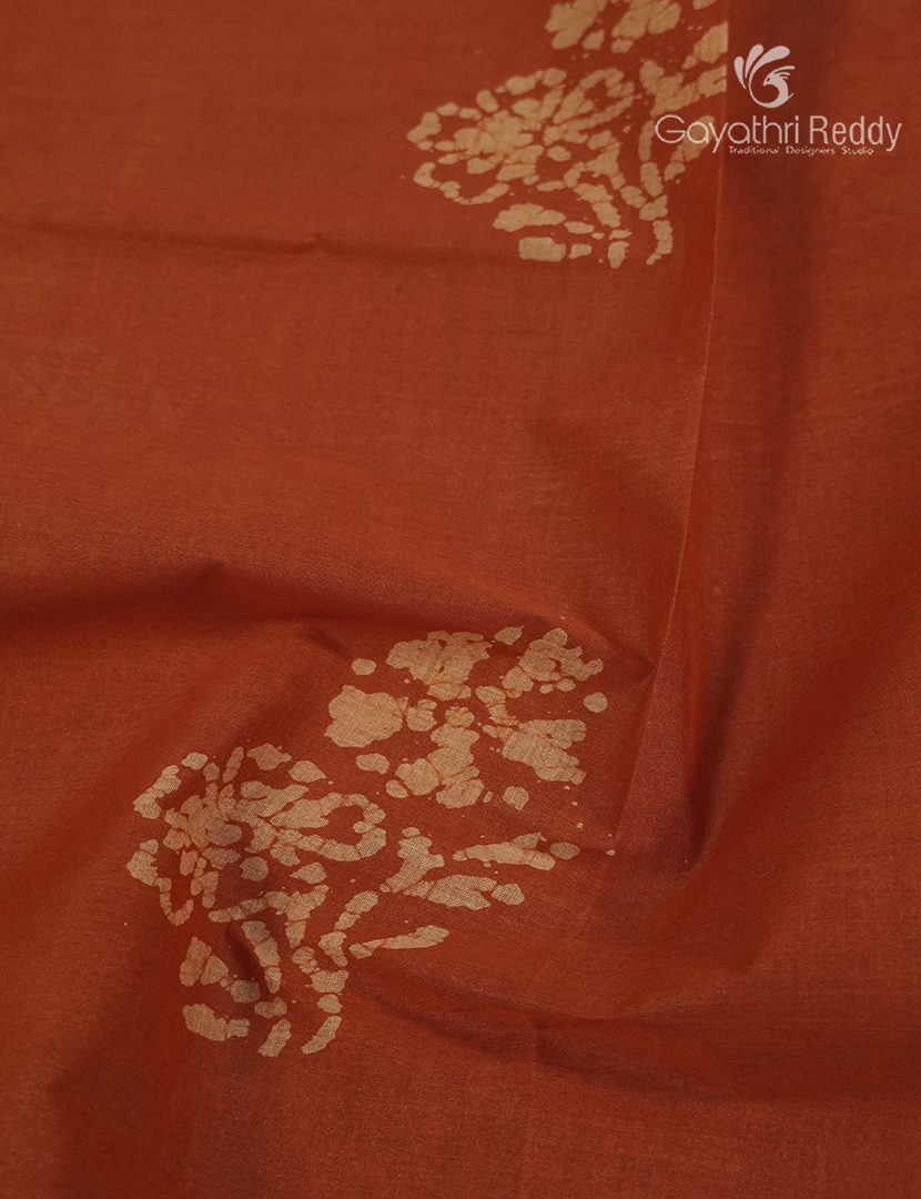 Cotton Batik Print Saree in Light Mustard and Rust