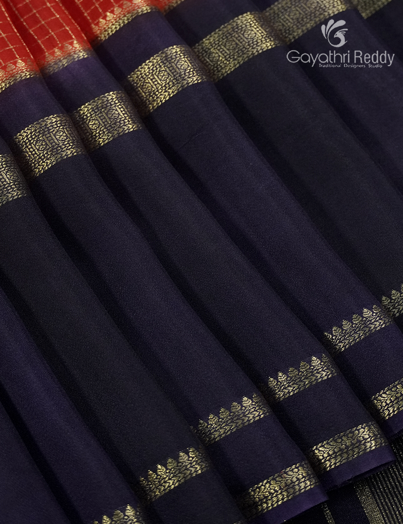 Semi Mysore Crepe Saree in Red and Deep Navy Blue