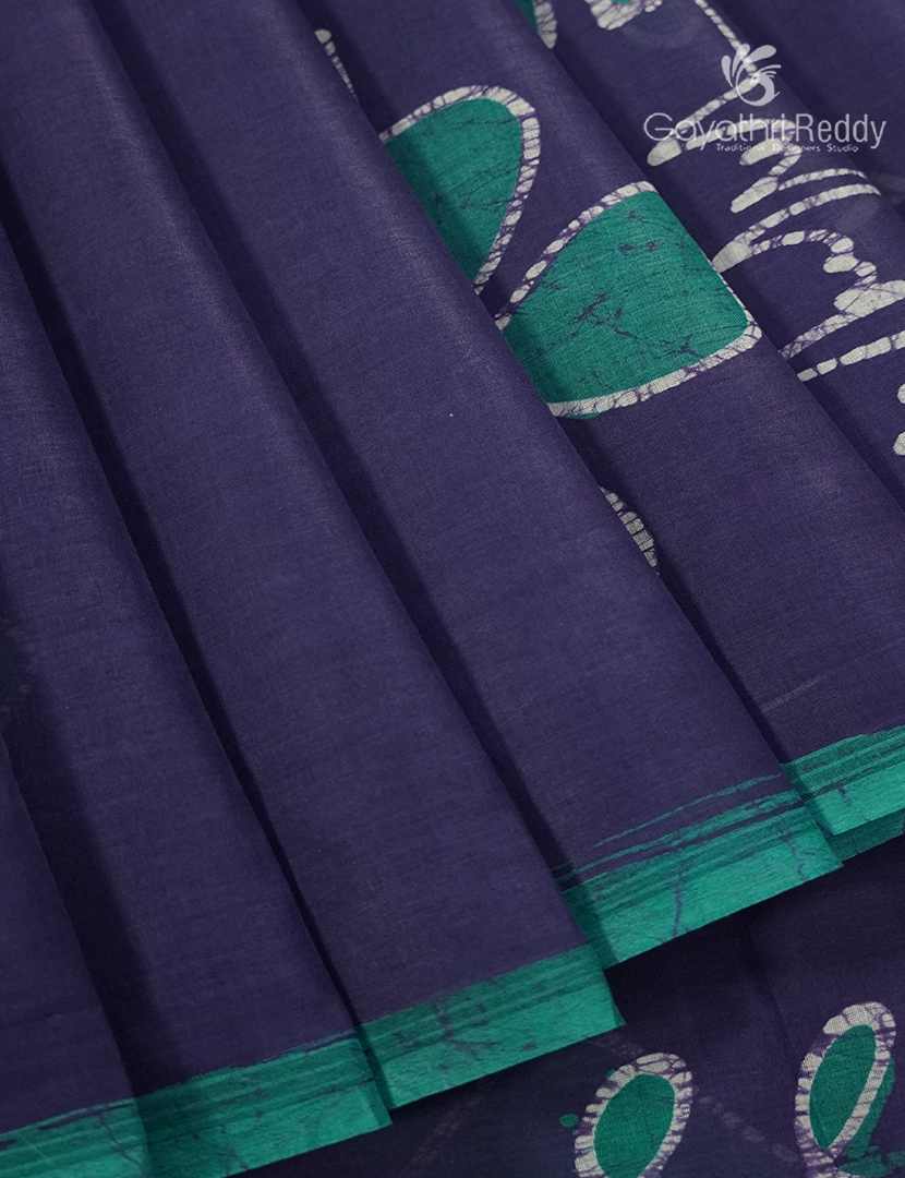 Cotton Batik Print Saree in Navy blue and Sea green