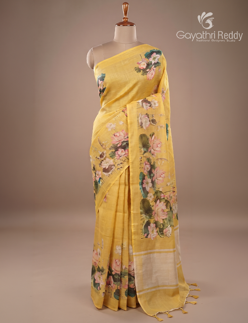 Pure Linen Saree in Yellow
