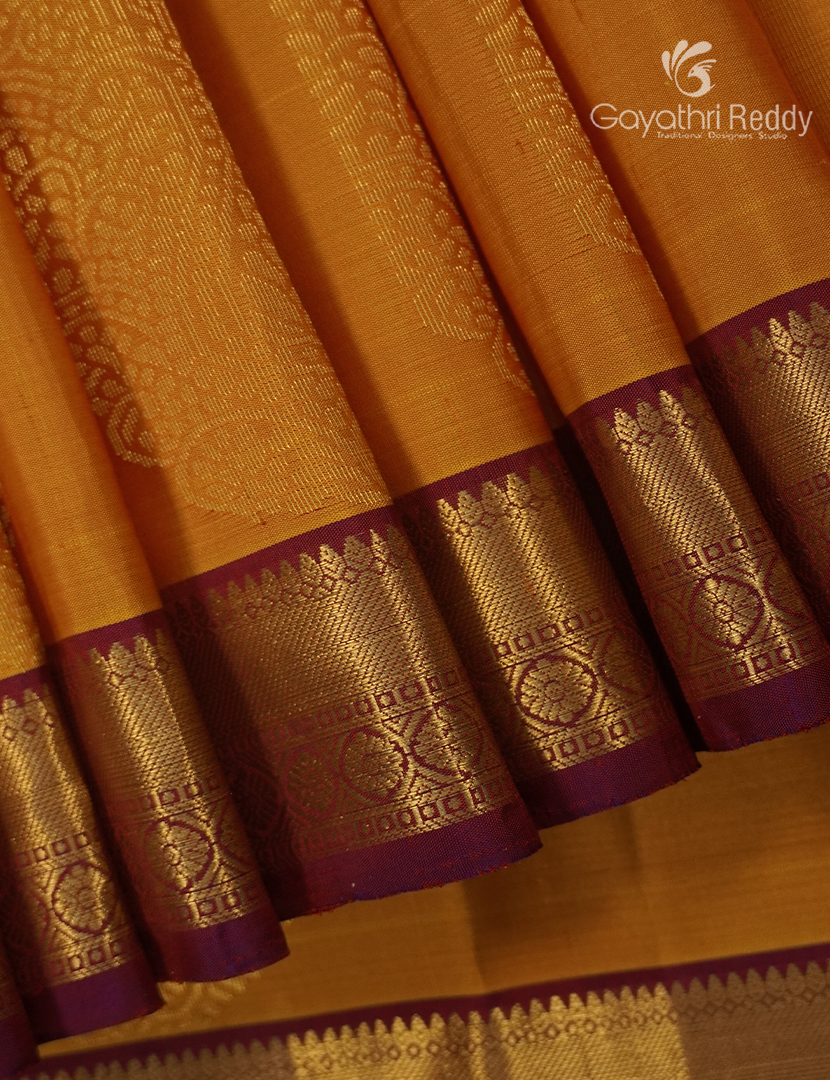 Pure Kanchipuram Silk Saree in Turmeric and Deep Red