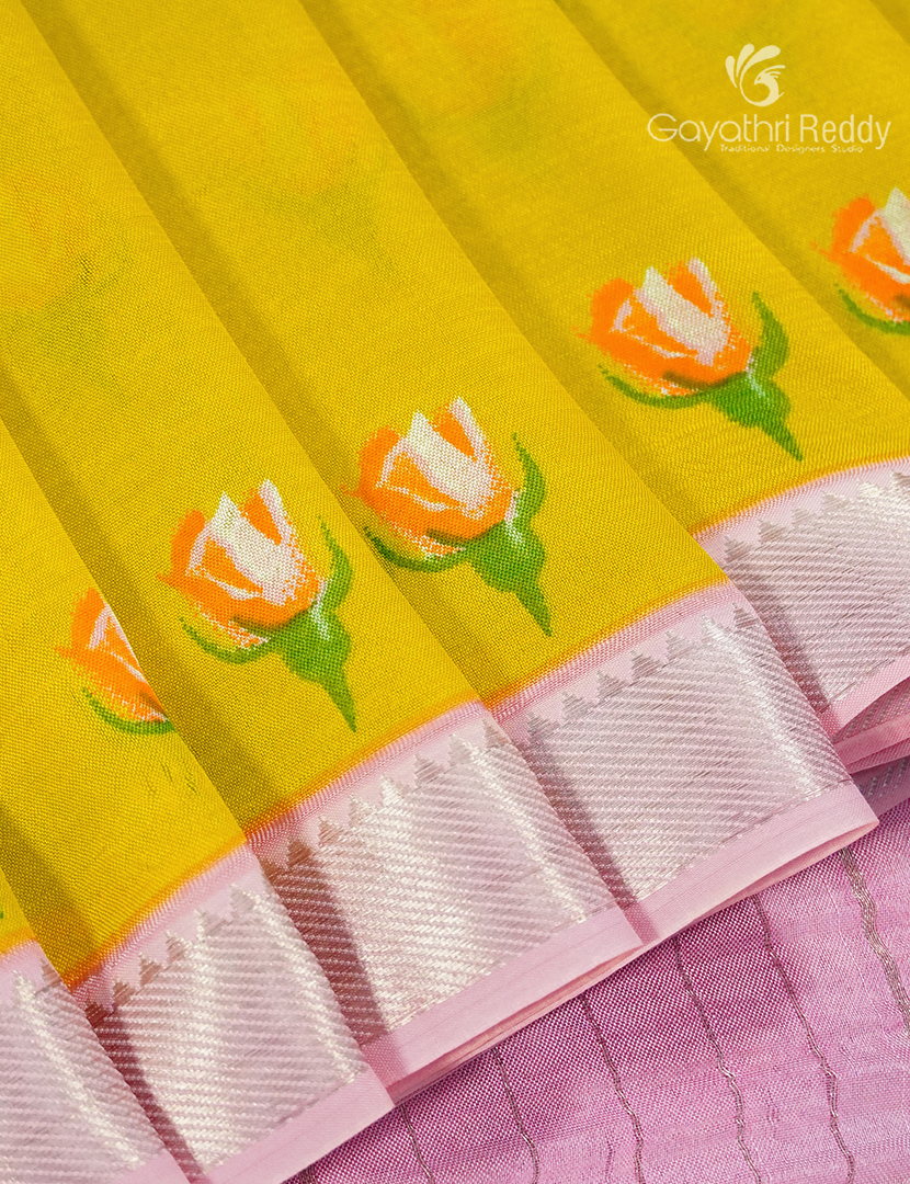 Mangalagiri Pattu Saree in Champak Yellow and Baby Pink