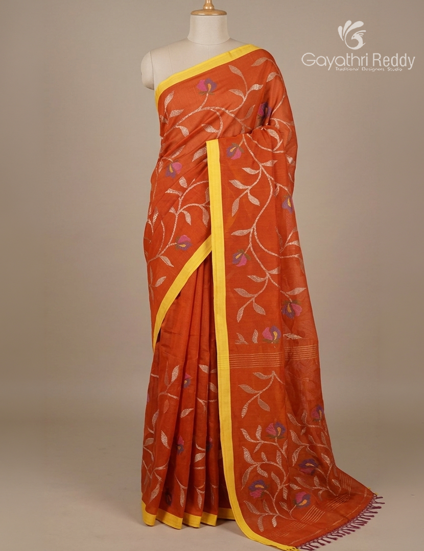 Pure Jamdani Kora Saree in Brick Orange