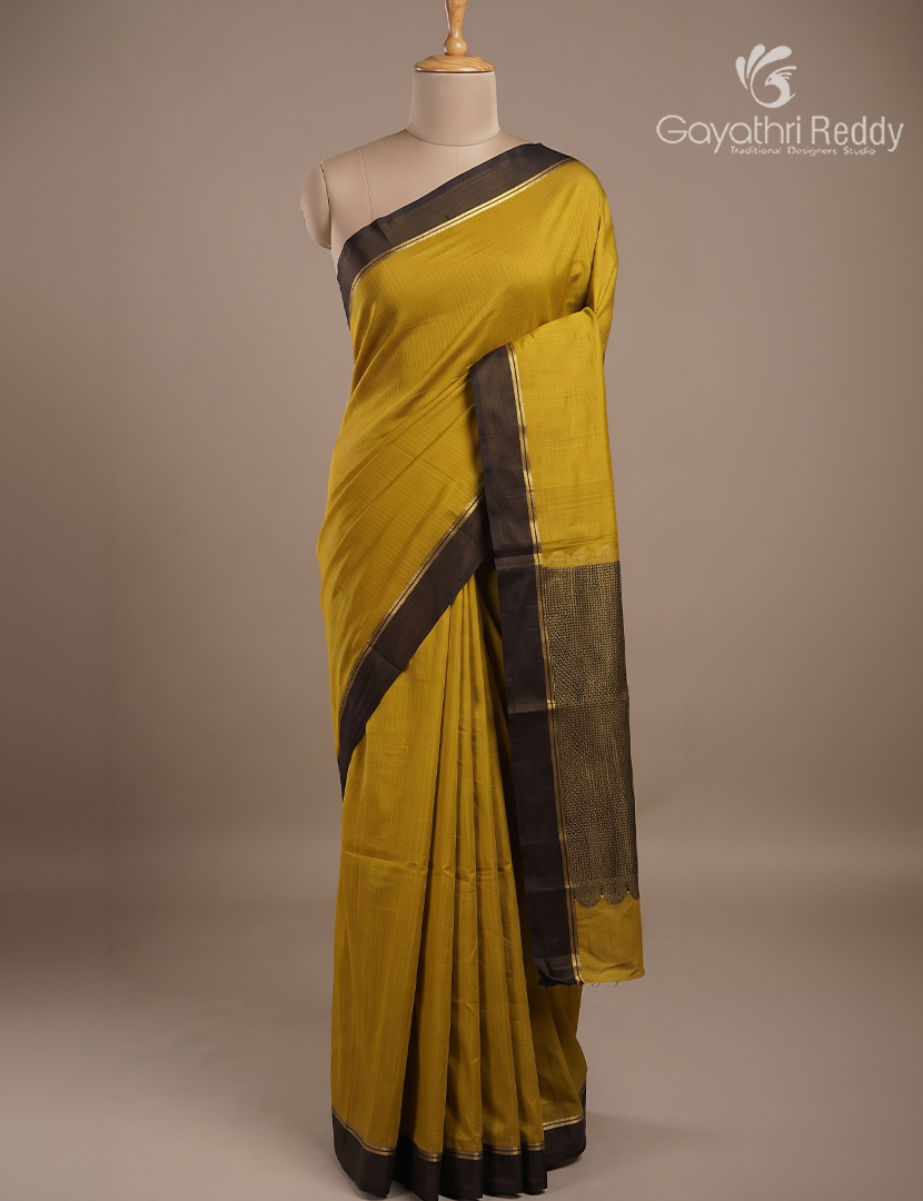 Pure Mysore Silk Saree in Dry Mehendi and Deep Brown