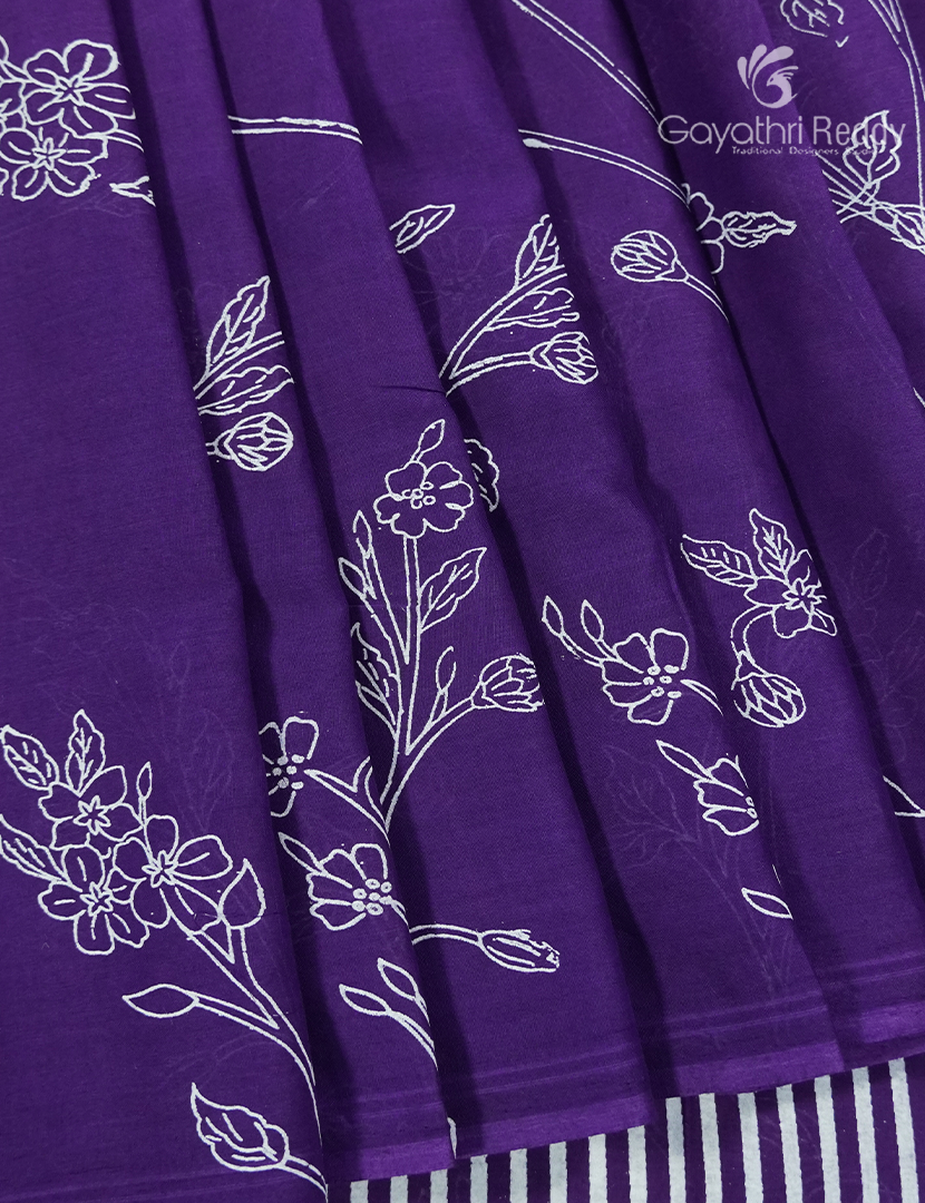 Pure MulMul Cotton Saree in Deep Purple and White