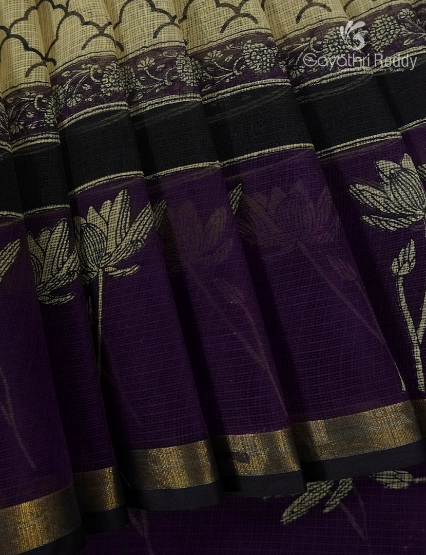 Premium Quality Cotton Kota Saree in Beige and Deep Violet