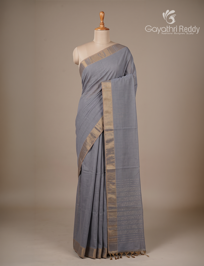Pure Handloom Cotton Saree in Denim Grey