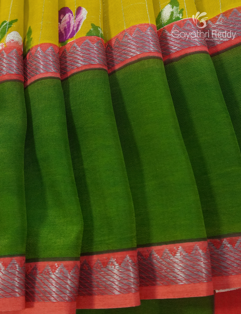 Mangalgiri Printed Saree in Yellow , Peach Pink and Mango Green