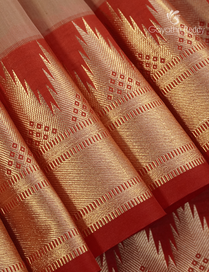 Pure Kanchipuram Sico Saree in Pastel Beige and Red