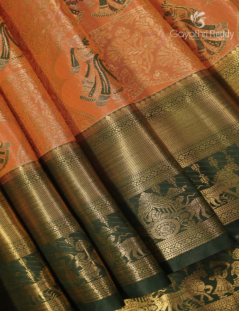 Semi Kanchipuram Silk Saree in Orange and Green