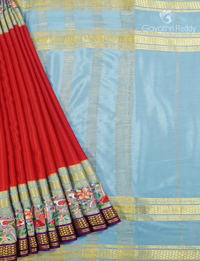 Pure Mysore Silk Saree in Red and Powder Grey