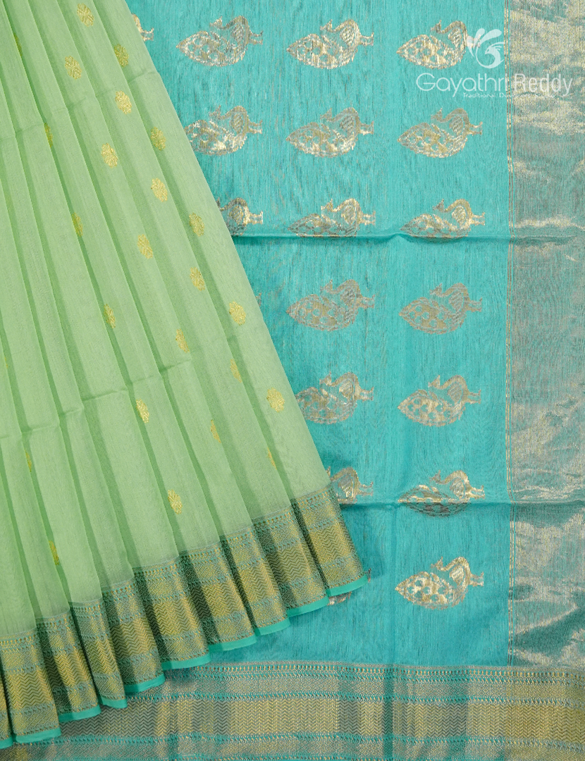 Pure Chanderi Sico Saree in Pista Green and Sea Blue