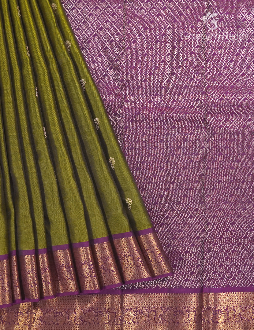 Pure Kanchipuram Silk Saree in Mehendi Green and Purple