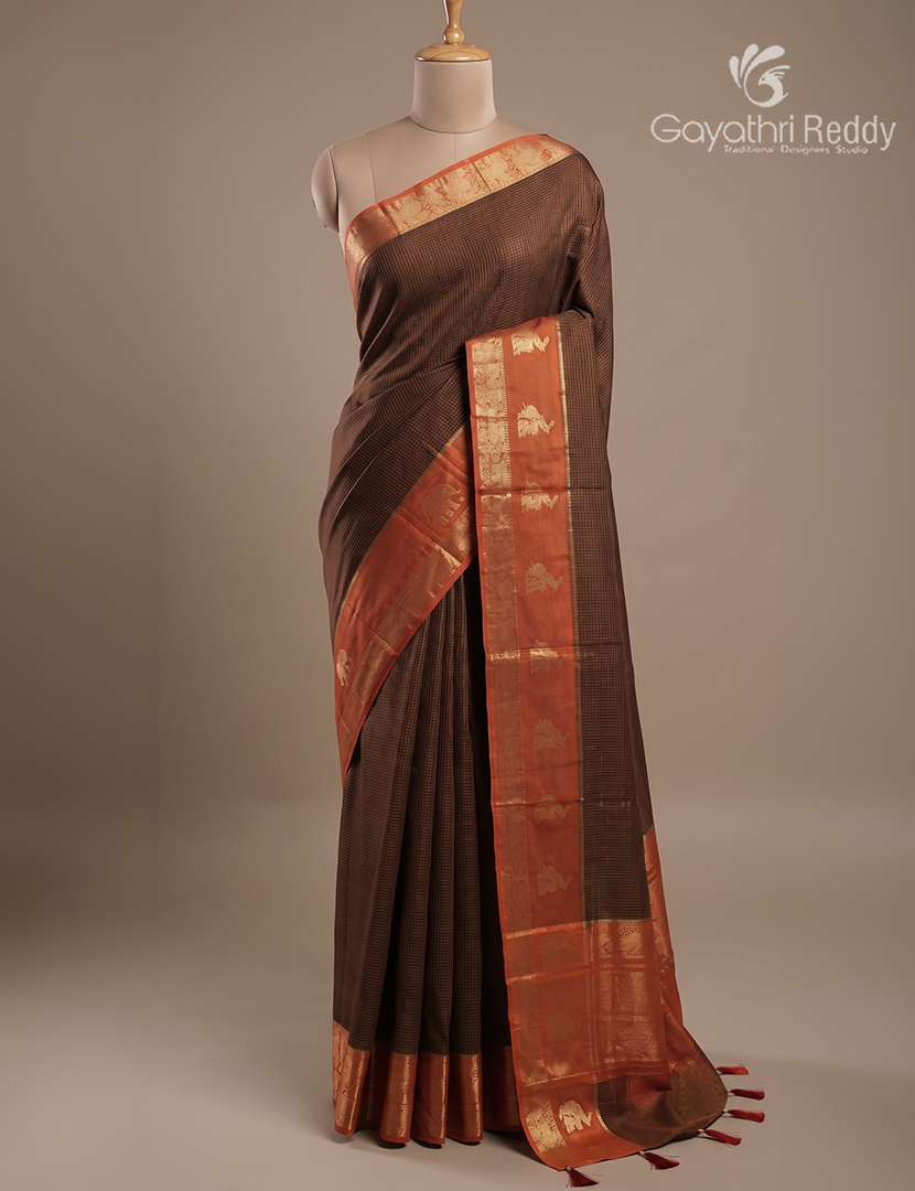 Semi Mysore Silk Saree in Deep Brown and Burnt Orange