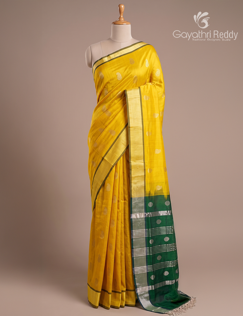 Pure Arani Sico Saree in Lime Yellow and Bottle Green