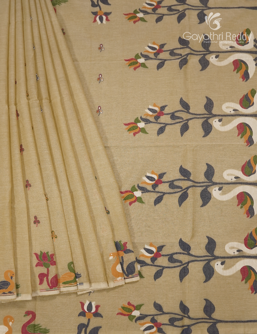 Jamdani Cotton Saree in Khakhi Green