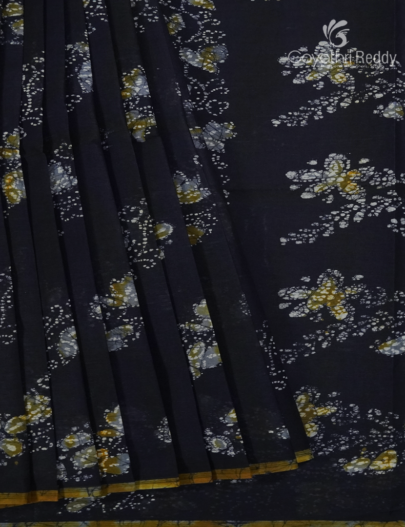Cotton Batik Print Saree in Navy blue