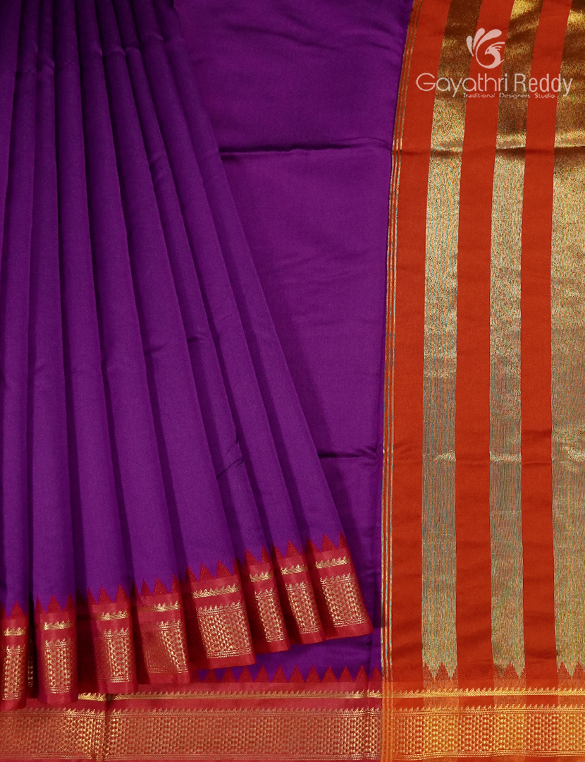 Semi Gadwal Saree in Purple and Brick Red