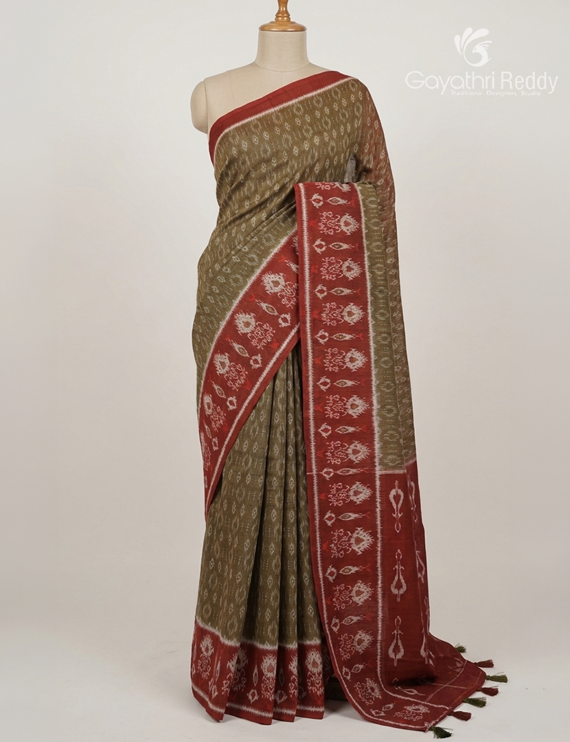Linen Cotton Saree in Olive Green