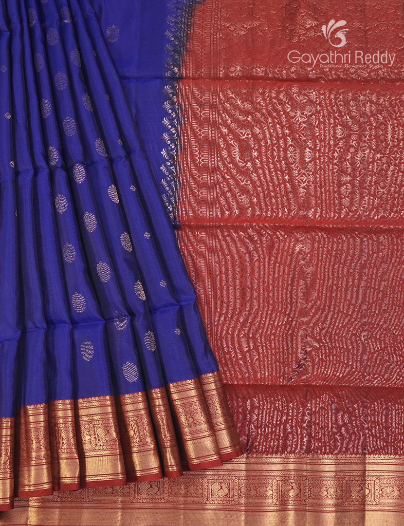 Pure Kanchipuram Soft Silk Saree in Royal Blue and Rust