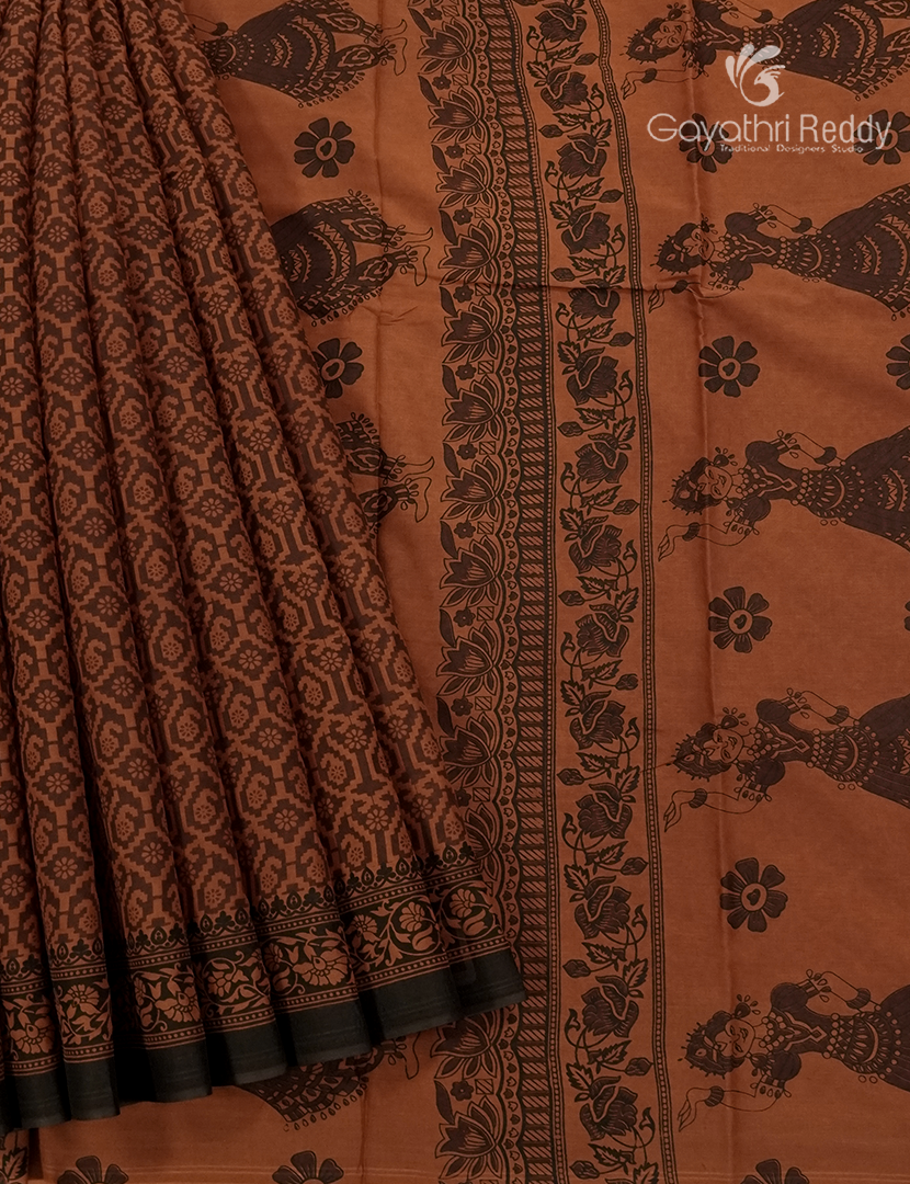 Pure MulMul Cotton Saree in Mustard , Brown and Black