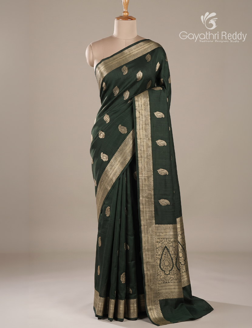 Semi Tussar Saree in Bottle Green